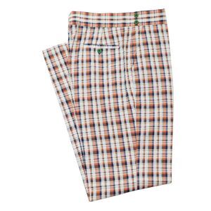 Mens 32 Gurkha Seersucker Pants Orange Blue Madras Plaid High Waist Flat Front